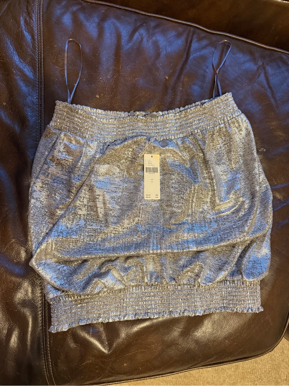 Anthropologie Metallic Silver Elastic-Hem Strapless Top
